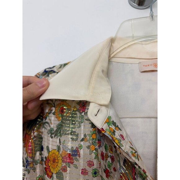 Tory Burch Promised Land Bird Peacock Floral Print Mini Dress Metallic Silk 8 - Picture 6 of 16